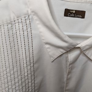 White cigar shirt with multi-brown embroidered stripes
